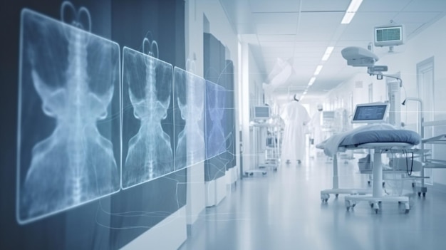 A hospital hallway with a patient in a white coat and a blue background with a line of bones.