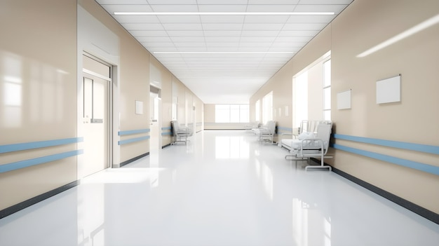 A hospital hallway with a white floor and a blue strip on the wall.