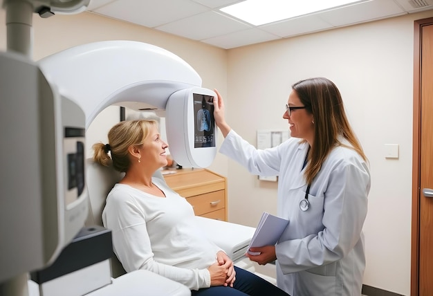 Photo in the hospital mammography technologist doctor adjusts mammogram machine for a female patient f