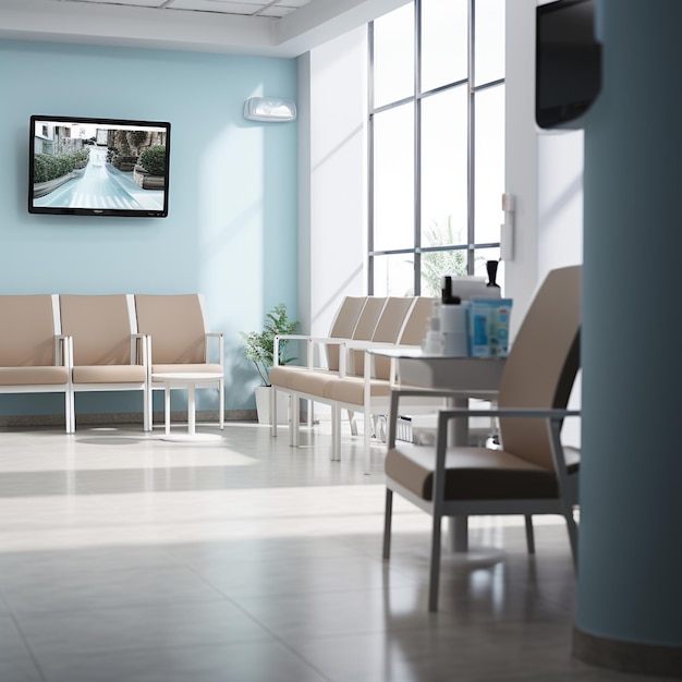 Photo hospital medical secretary clinic corridor waiting room reception empty hallway patient visitor seat