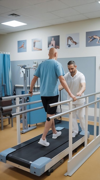 Photo hospital physical therapy room patient with injury walking on treadmill holding for parallel bars