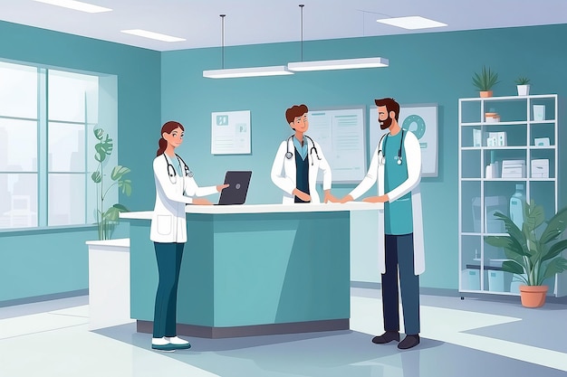 Hospital reception work in hall to help assist patient Clinic or doctor office physician receives and treats people health facility to provide healthcare Vector flat style cartoon illustration