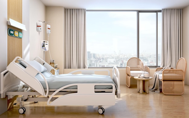 Hospital recovery room with beds and chairs