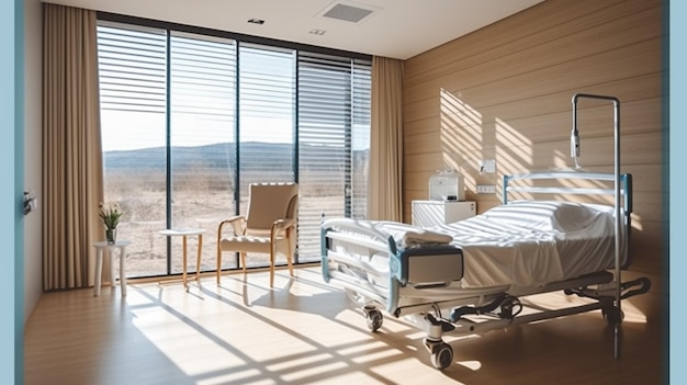 A hospital room with a bed and a chair in the corner.