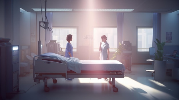 A hospital room with a bed and a hospital bed with a light shining on it.