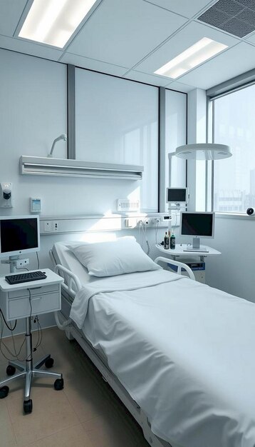 Photo hospital room with bed medical equipment window and tiled floor