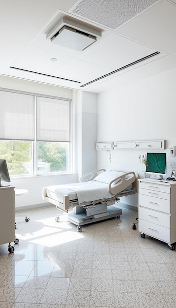 Photo hospital room with bed medical equipment window and tiled floor