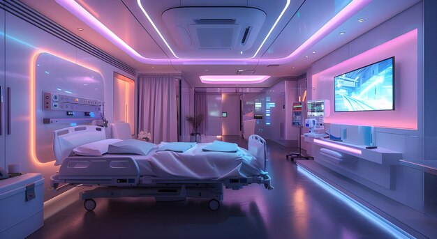 a hospital room with a bed and a monitor on the wall