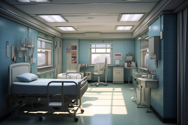 A hospital room with a bed and a window that says " hospital ".