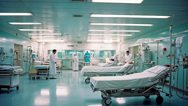 a hospital room with beds and a hospital with the word hospital on the wall