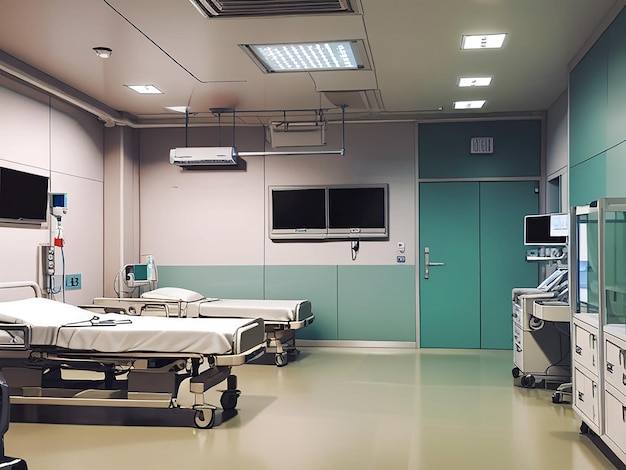 A hospital room with beds and a monitor on the wall 4k