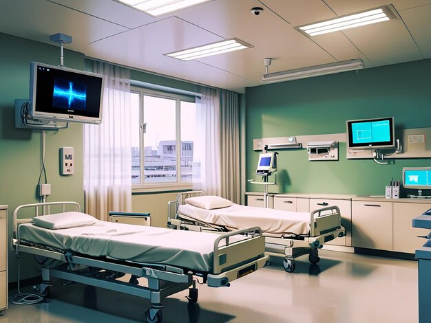 A hospital room with beds and a monitor on the wall 4k