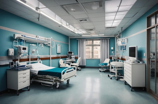 a hospital room with beds and a window