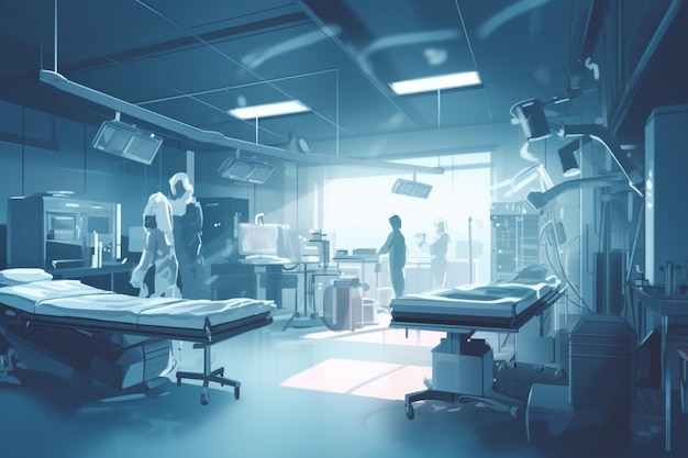 A hospital room with a blue background and a hospital bed with a patient in the background.