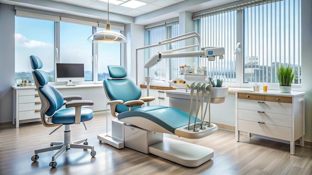 a hospital room with a blue chair and a monitor