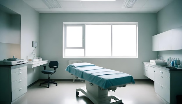 a hospital room with a blue sheet on the bed