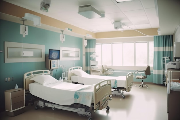 A hospital room with a blue wall and a bed with a sign that says'hospital '