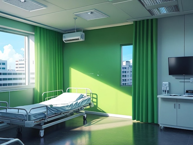 A hospital room with a green wall and blue sheets 4k