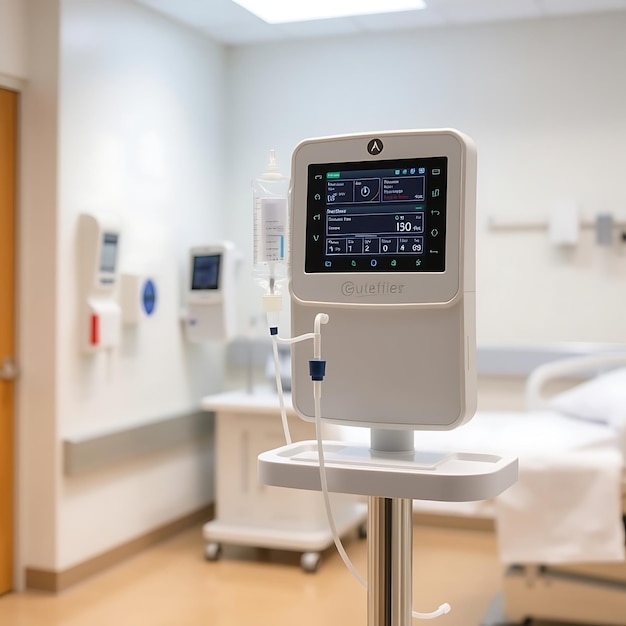 a hospital room with a hospital bed and a monitor with the word  lg  on the screen