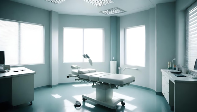 a hospital room with a hospital bed and a window