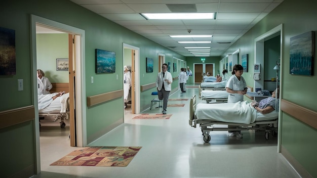 a hospital room with a hospital and a hospital corridor with a man in a white shirt on the right