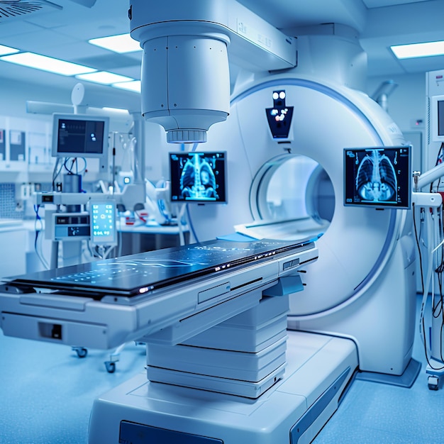 a hospital room with a large blue and white circular object with the word brain on it