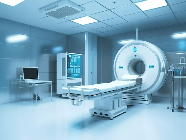 A hospital room with a large ct scan machine and a monitor.