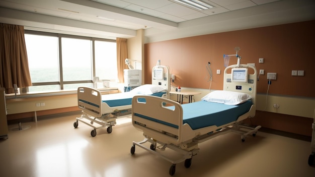 A hospital room with a large window and a bed with a blanket on it.