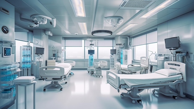 A hospital room with a large window and a sign that says hospital.