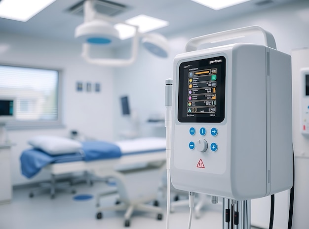 a hospital room with a medical device with the word  medical  on the side