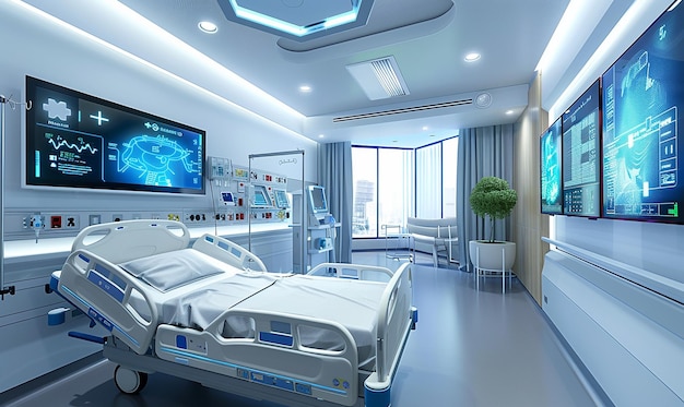 a hospital room with a monitor and a monitor on the wall