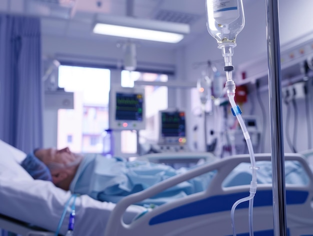 Hospital Room with Patient and IV Drip Patient resting in a hospital bed with an IV drip in the foreground medical monitors active in the background