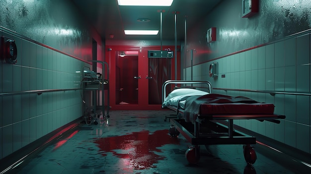 a hospital room with a red hospital bed and a red hospital sign on the wall