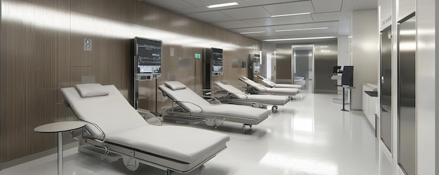 Photo a hospital room with rows of empty white chairs and a green exit sign