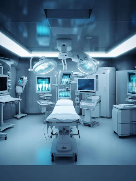 A hospital room with a table and operating equipment.