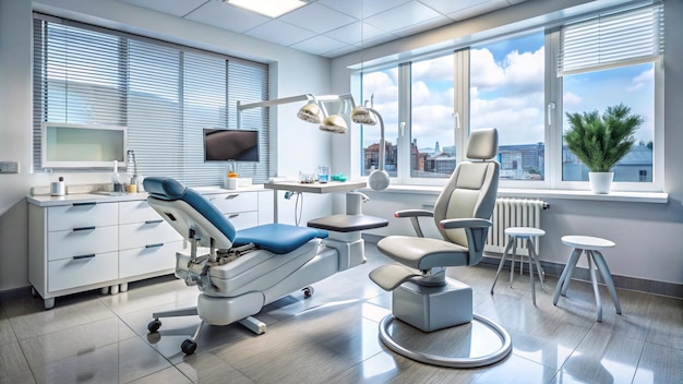 a hospital room with a view of the city