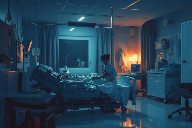 a hospital room with a woman working on a computer