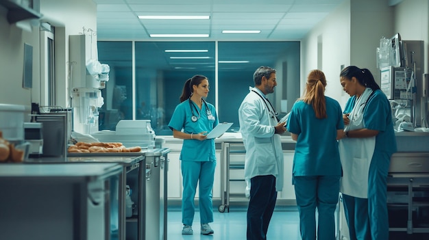 Photo a hospital with doctors and nurses in a hospital room