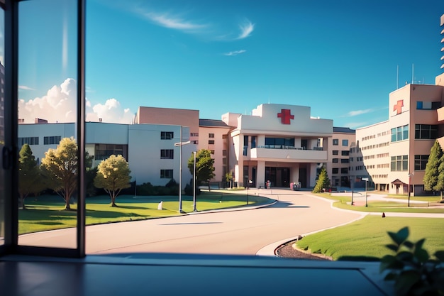 A hospital with a red cross on the front