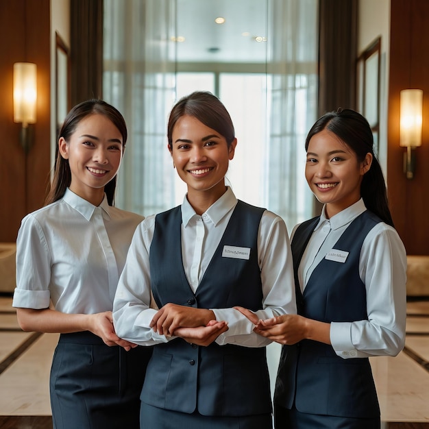 Hospitality Hotel Staff Welcoming Gue four women wearing white shirts with the word airline on them