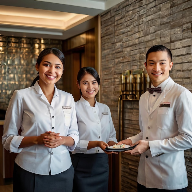 Hospitality Hotel Staff Welcoming Gue four women wearing white shirts with the word airline on them