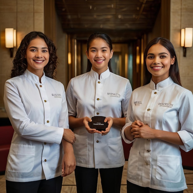 Hospitality Hotel Staff Welcoming Gue four women wearing white shirts with the word airline on them