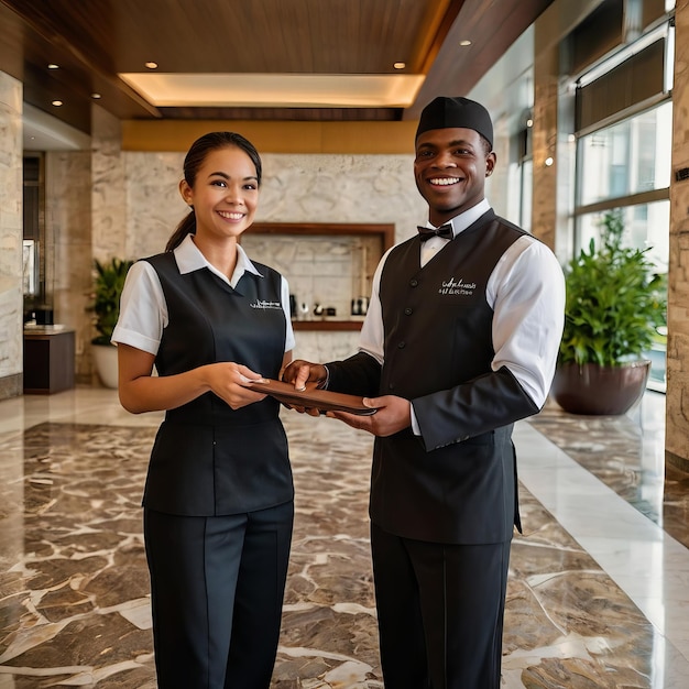 Hospitality Hotel Staff Welcoming Gue four women wearing white shirts with the word airline on them