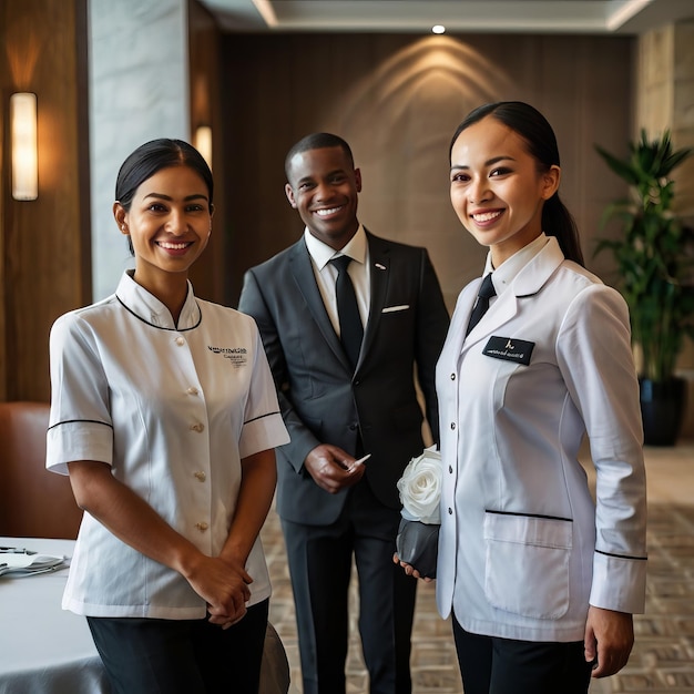 Hospitality Hotel Staff Welcoming Gue four women wearing white shirts with the word airline on them