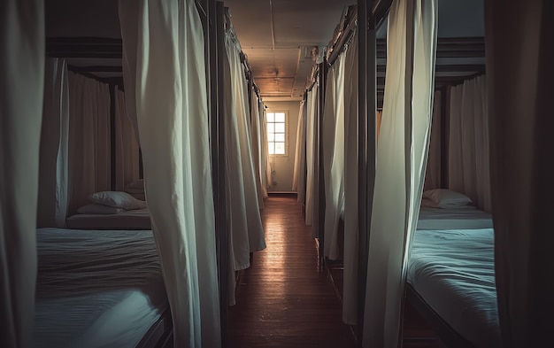 Hostel beds with curtains for privacy in dorm