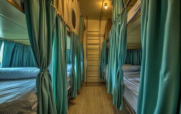 Hostel beds with curtains for privacy in dorm