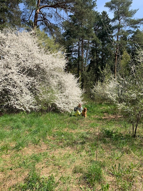 the hostess with the dog is photographed against the background of flowering trees