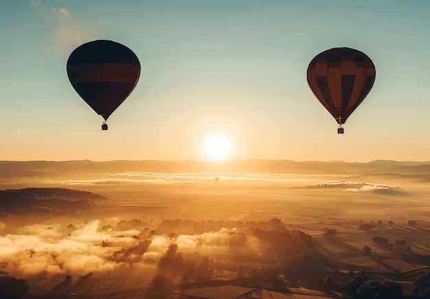 Hot air balloon adventure over foggy landscape aerial view of calm morning landscape