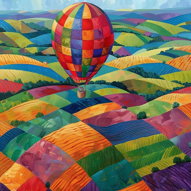 A hot air balloon flies over colorful fields