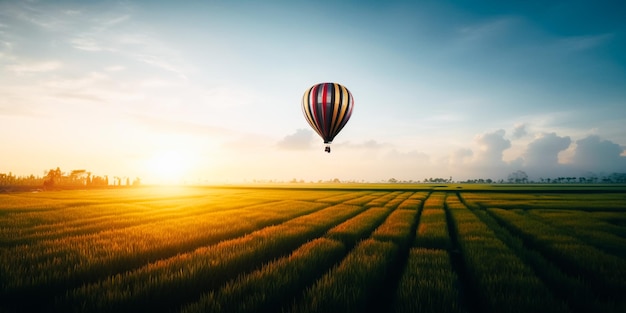 A hot air balloon flies over a field with the sun setting in the background.